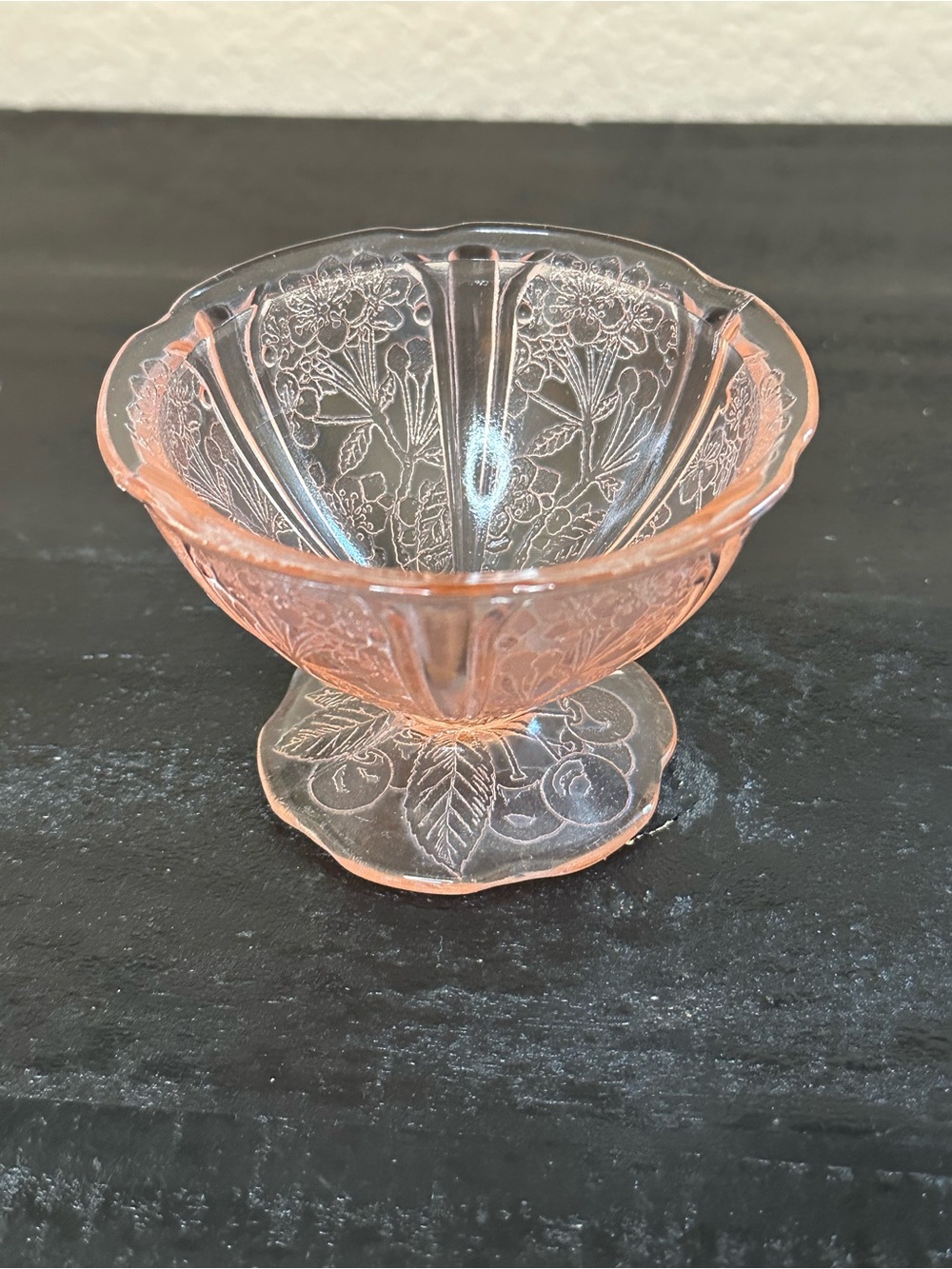 Vintage Jeanette Cherry Blossom Pink Champagne Sherbet Glass. Pressed Glass